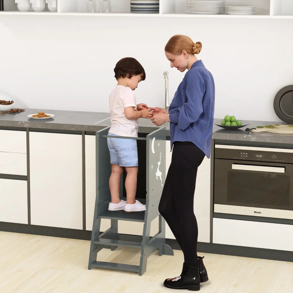 Torre per bambini con 3 penne lavagna bianca e nera piattaforma e gradino regolabili, Sgabello per bambini porta 70kg Grigio-Per i bambini