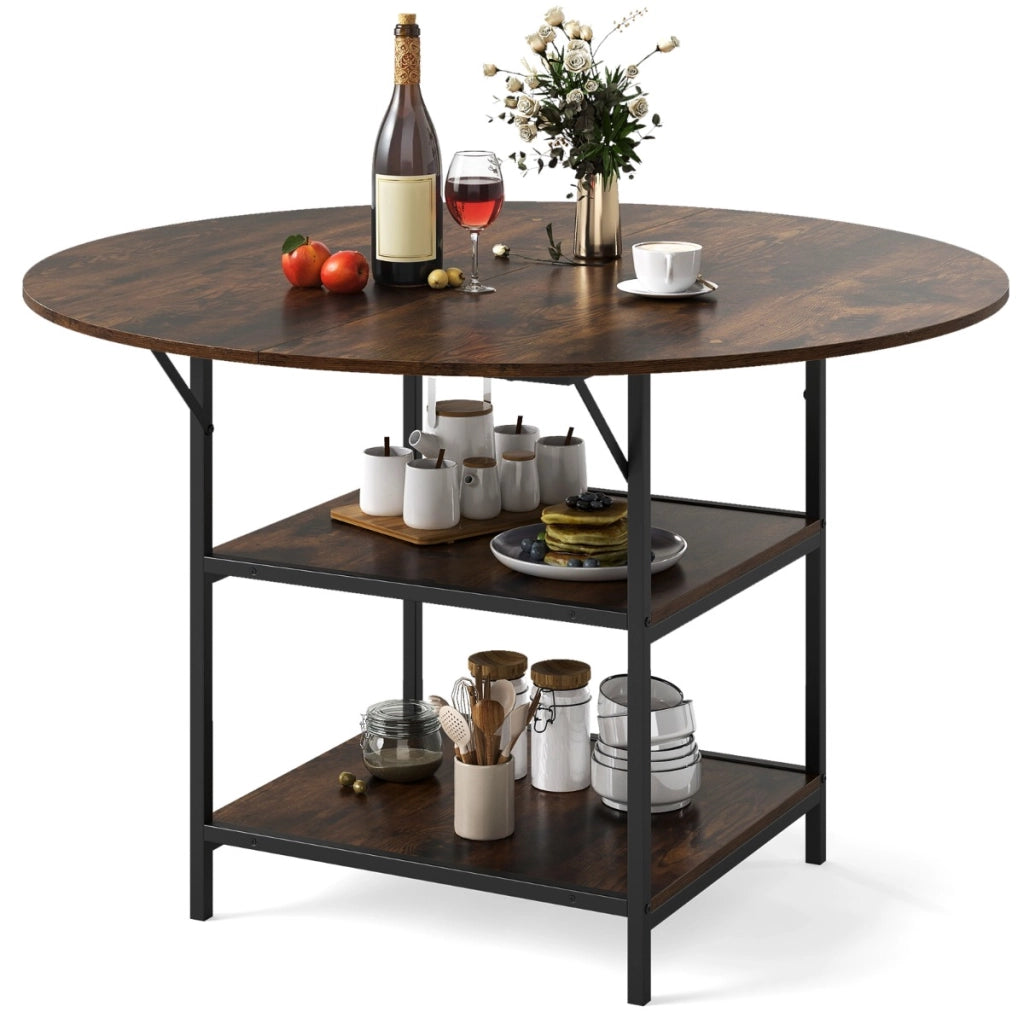 Tavolo da pranzo rotondo rustico ripiano aperto a 2 livelli, Tavolo da pranzo rotondo 120 cm per 4-6 persone Marrone-Tavoli e sedie da pranzo