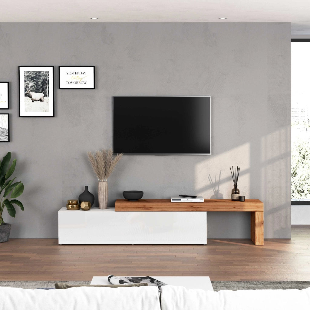 WHOUS Mobile porta tv Chronos estensibile con 1 anta a ribalta bianco/rovere 190/350x40x51 cm