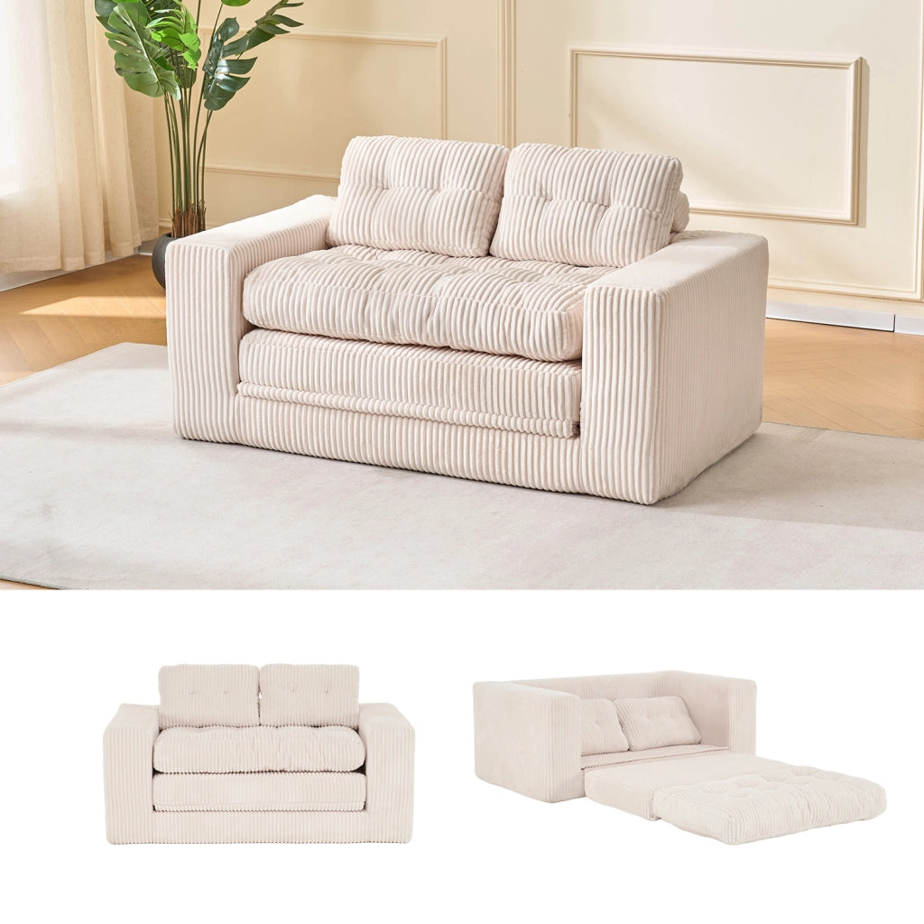 Divano letto a due posti in velluto a coste con funzione 2 in 1 senza montaggio con cuscini rimovibili beige