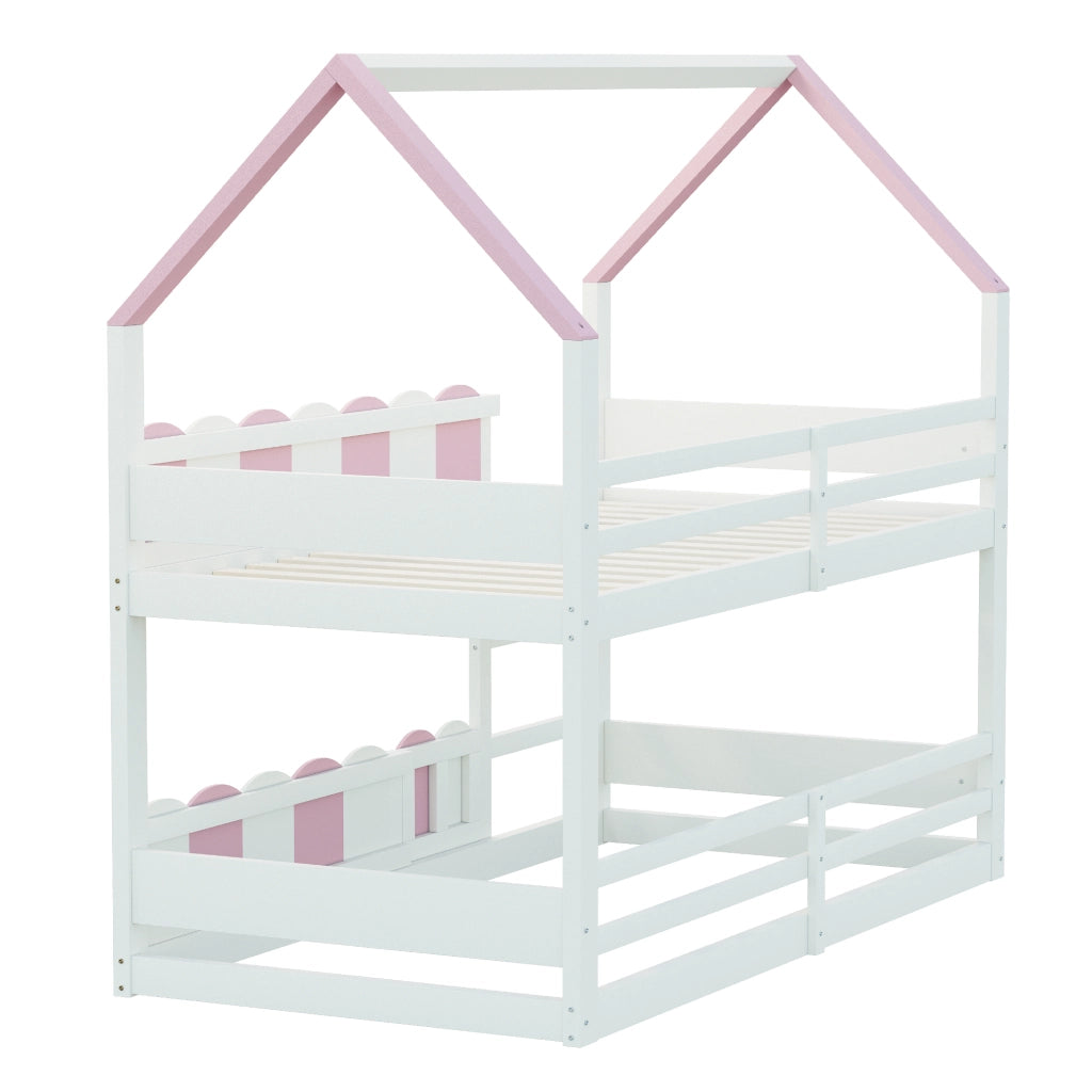 OKWISH Letto a Castello 90×200 cm, Letto Singolo con Design a Casetta, Scala Dritta e Sponde di Sicurezza, senza Materasso, Bianco e Rosa