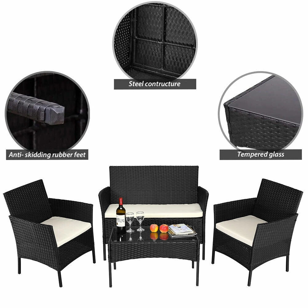 Set Salotto Completo Divano Poltrone Tavolino in Rattan Arredo Giardino Nero