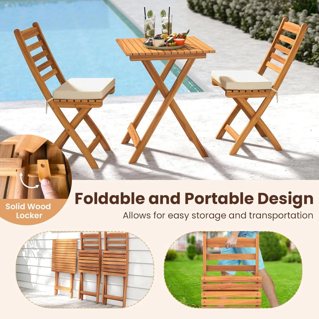 Set da bistrò da 3 pezzi, pieghevole, set da tavolo e 2 sedie in legno di acacia per giardino, set di sedute con cuscini e tavolo quadrato per terreza, balcone (listoni orizzontali)