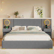 Letto imbottito in velluto grigio 180x200 cm con testiera LED, porte USB e cassetti comodino