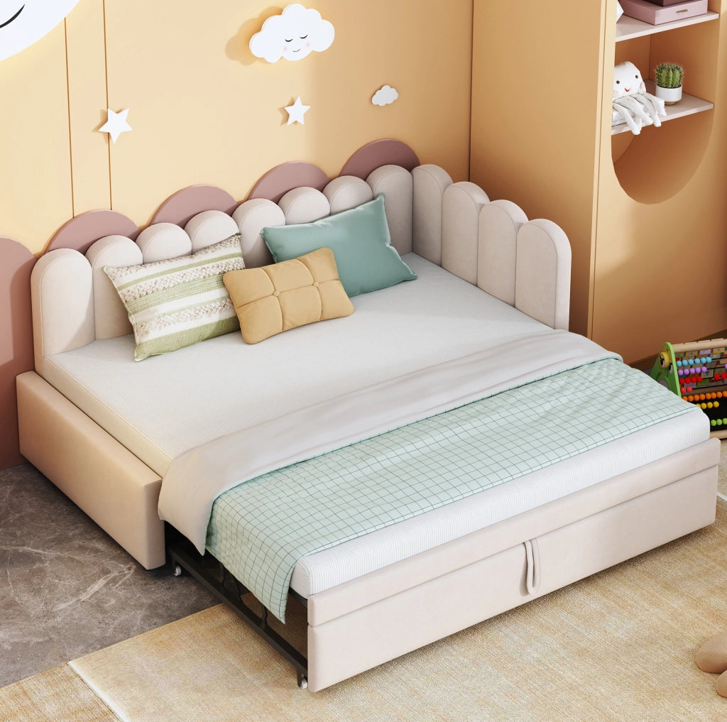 Divano letto 90x200 cm; estraibile a L in velluto; beige