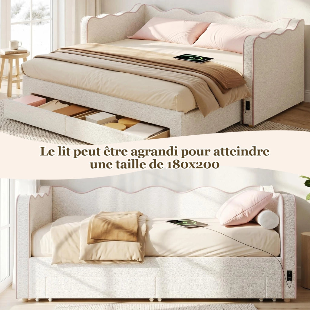 Divano letto con letto estraibile e cassetti, 90x200 cm, bouclé beige