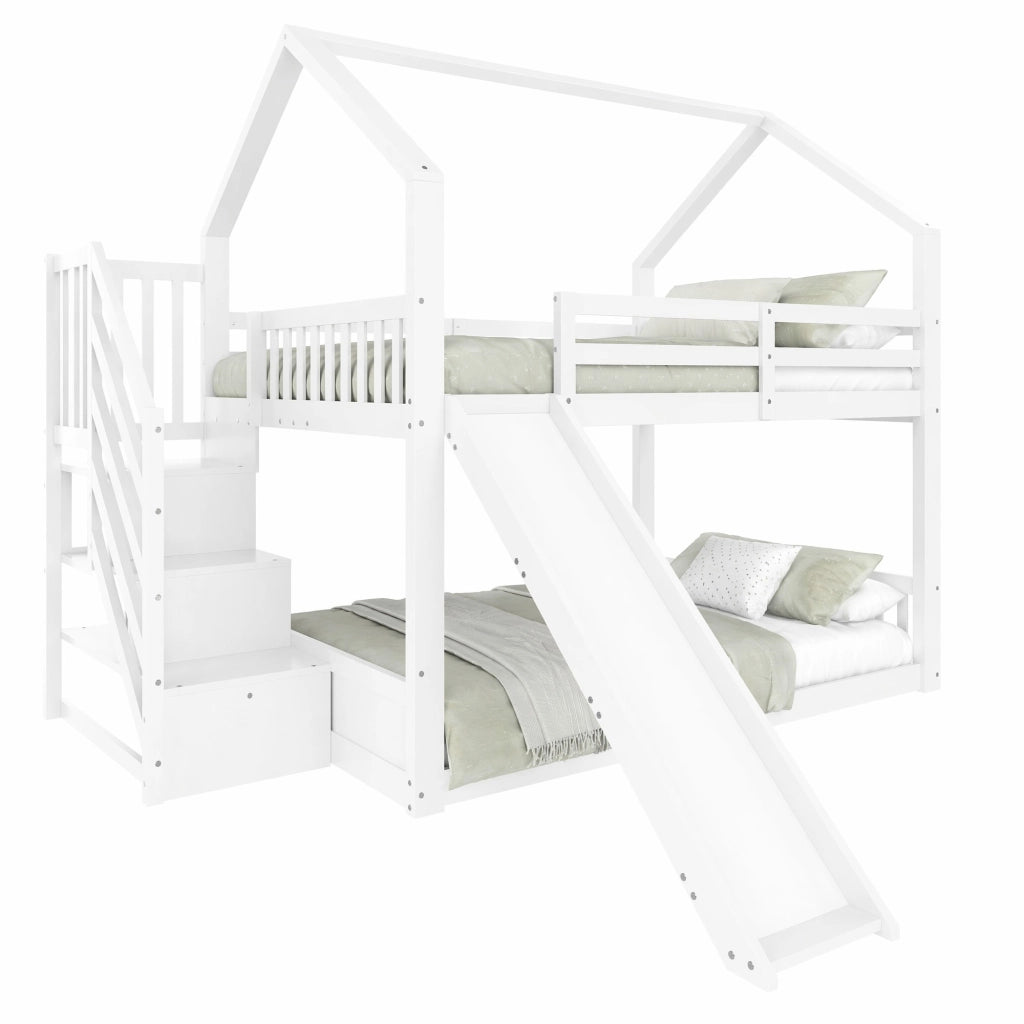 Letto a castello con scala contenitore e scivolo, casa letto bianco