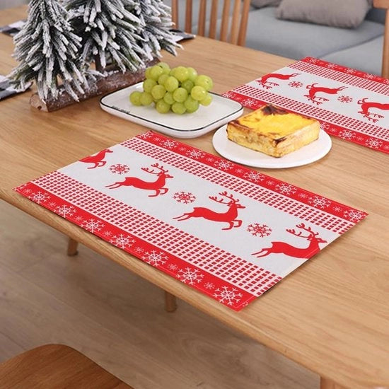 Piatto di accoglienza per Natale 4 pezzi - 42 x 28 cm - tessuto di cotone naturale rosso - stampa di renne in Natale - per tavolo da pranzo - vacanza invernale festa - decorazione di Natale - decorazioni da tavola