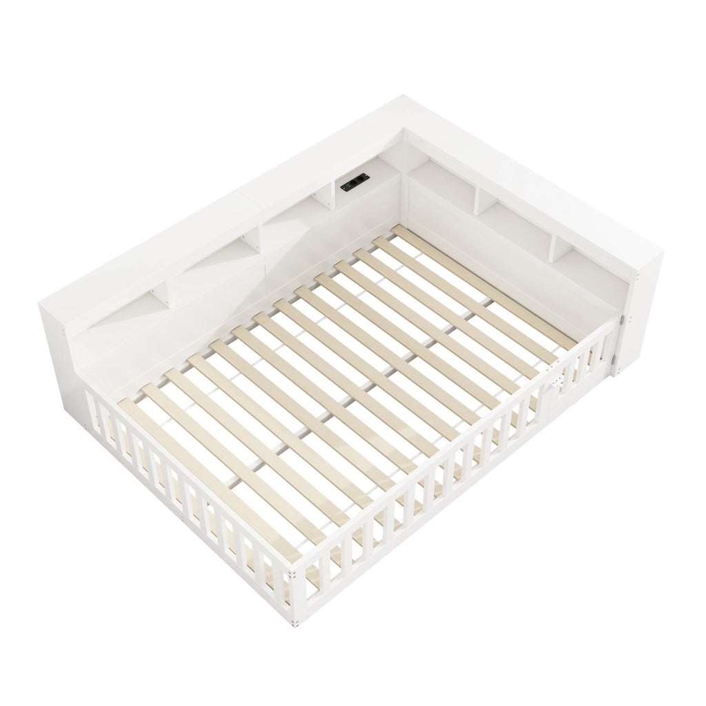 Daybett 140x190 cm con rete a doghe, vano contenitore laterale, prese USB, bianco