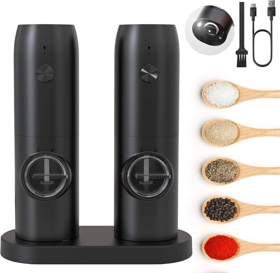 Molitore di Pepe e Sale Automatico Elettrico con Luce LED Bianca - Ricaricabile - Comando con una Mano - Regolazione di Grana - Riempibile e Portatile - Cucina Ristorante Campeggio