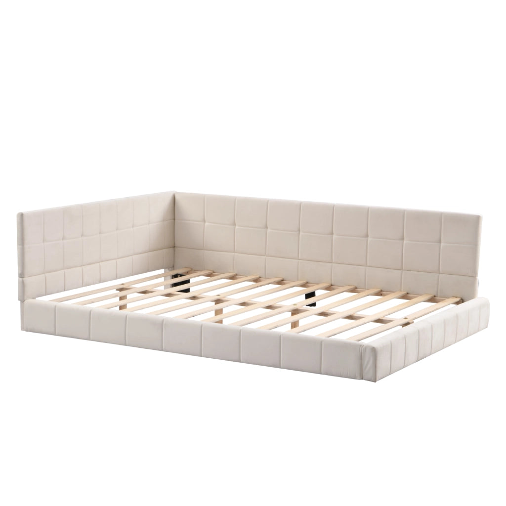 Divano letto imbottito con rete a doghe 140x200 cm; design Mid-Century Modern beige