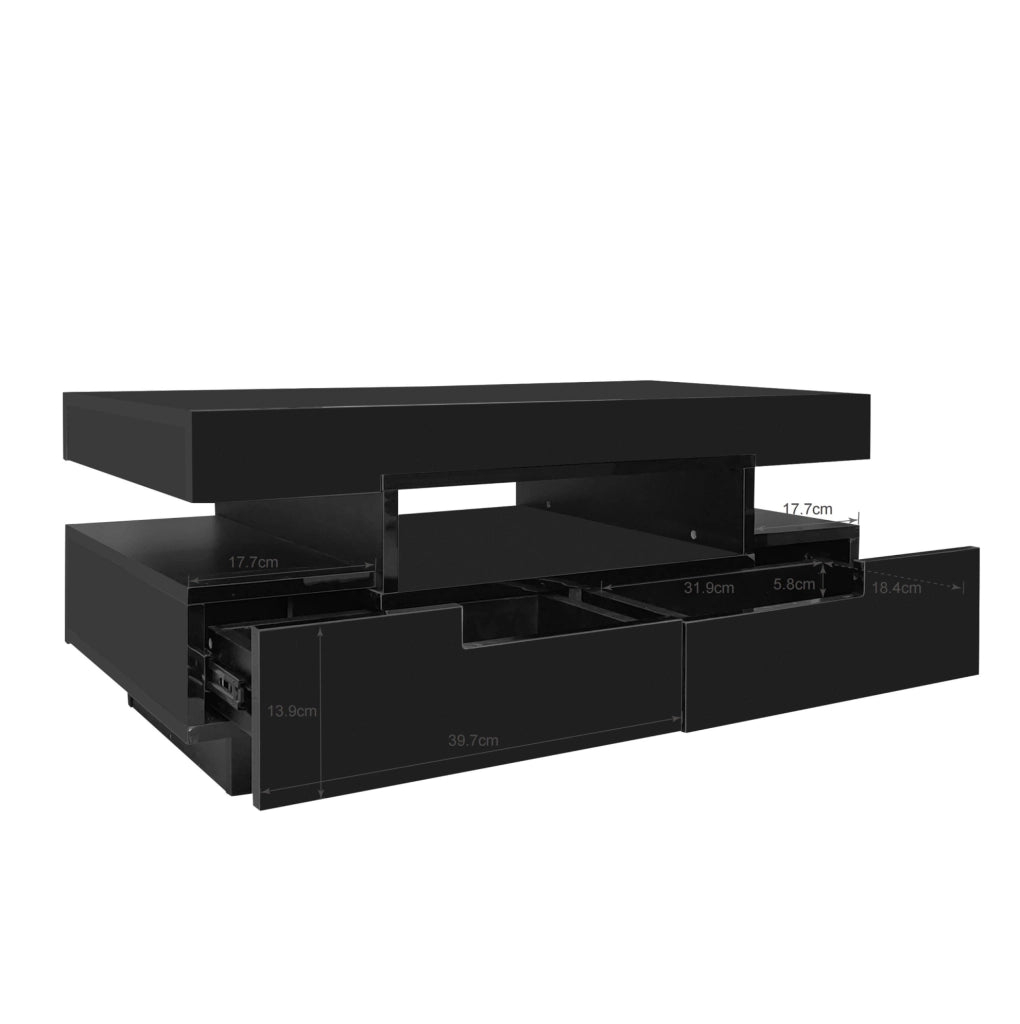 Tavolino da caffè lucido nero 80x50x36 cm con LED; 3 vani aperti e 4 cassetti