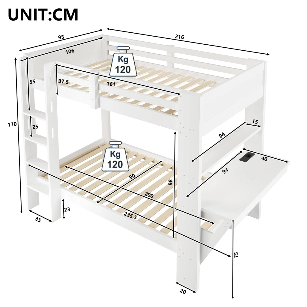 Letto a Castello 90x200 cm con Vani Contenitore; LED; Tavolo; Scala e Sponde; Bianco