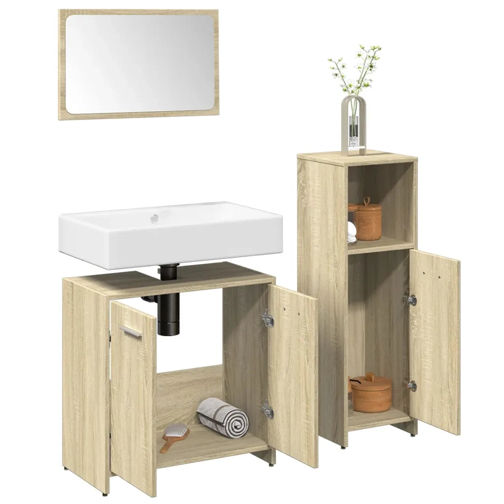 Set Mobili da Bagno | Armadio da bagno 3 pz Rovere Sonoma in Legno Multistrato