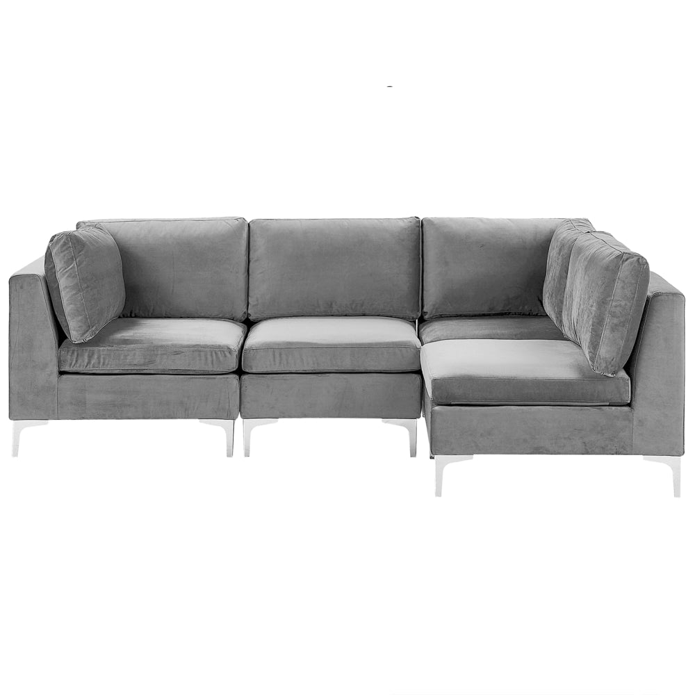 Divano ad angolo componibile versione sinistra a 4 posti in velluto grigio con gambe in metallo argento stile glamour