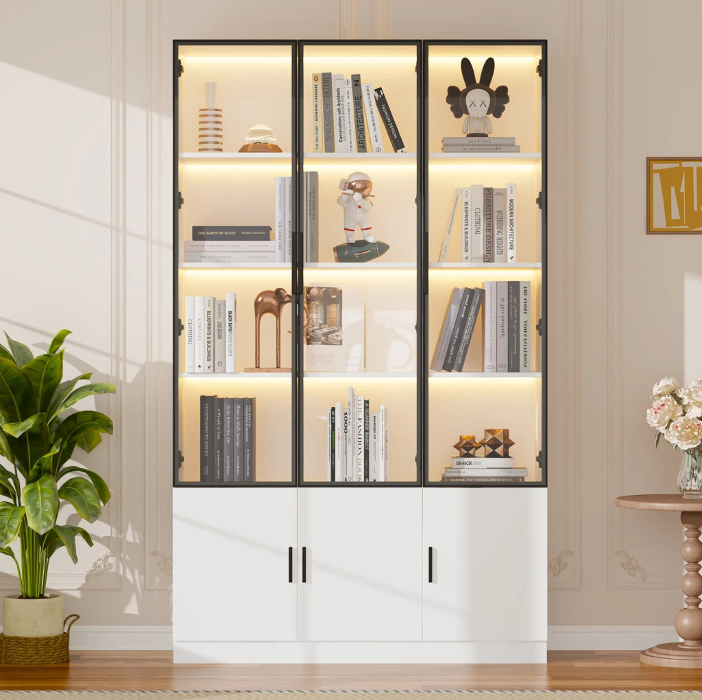Vetrina alta 120 x 32 x 200 cm con 6 ante in vetro; LED controllato da app; bianco