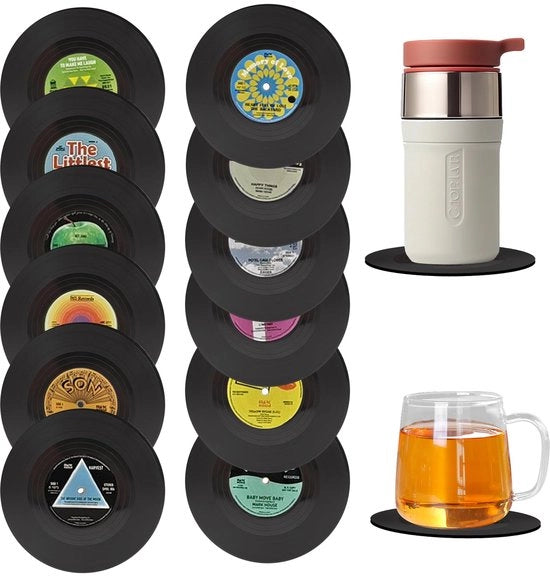 12 pezzi di supporti per piatti in vinile, supporti in vetro, supporti per tazze, supporti per bicchieri, supporti ronde in silicone, supporti per bar, caffè, bevande, tazze