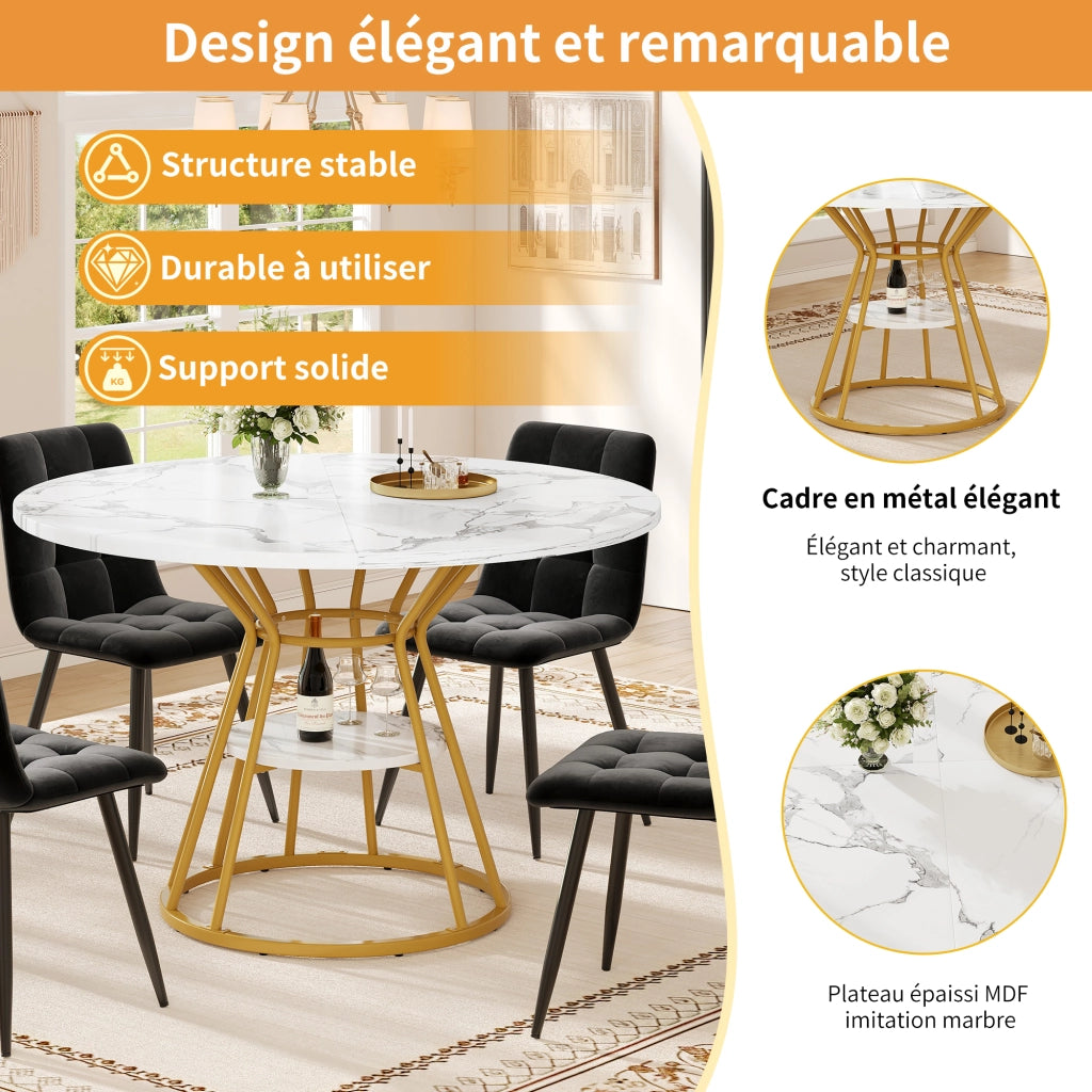 Tavolo da pranzo per 4 persone con 4 sedie in velluto, piano effetto marmo, in MDF e metallo, oro, 100 × 100 × 76 cm