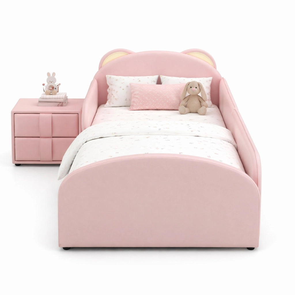 Letto per Bambini 90 x 200 cm; Letto Singolo con Comodino e Testiera Orsetto - Rosa