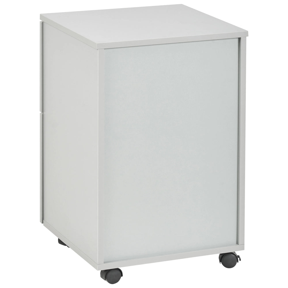 Armadietto in legno massiccio con 2 cassetti e ruote con serratura a chiave grigio chiaro design moderno