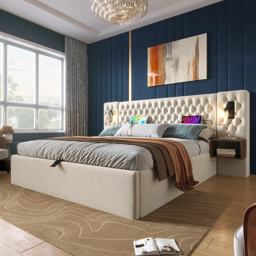Letto matrimoniale 180x200 cm in velluto beige con contenitore idraulico; 2 comodini e luci lettura