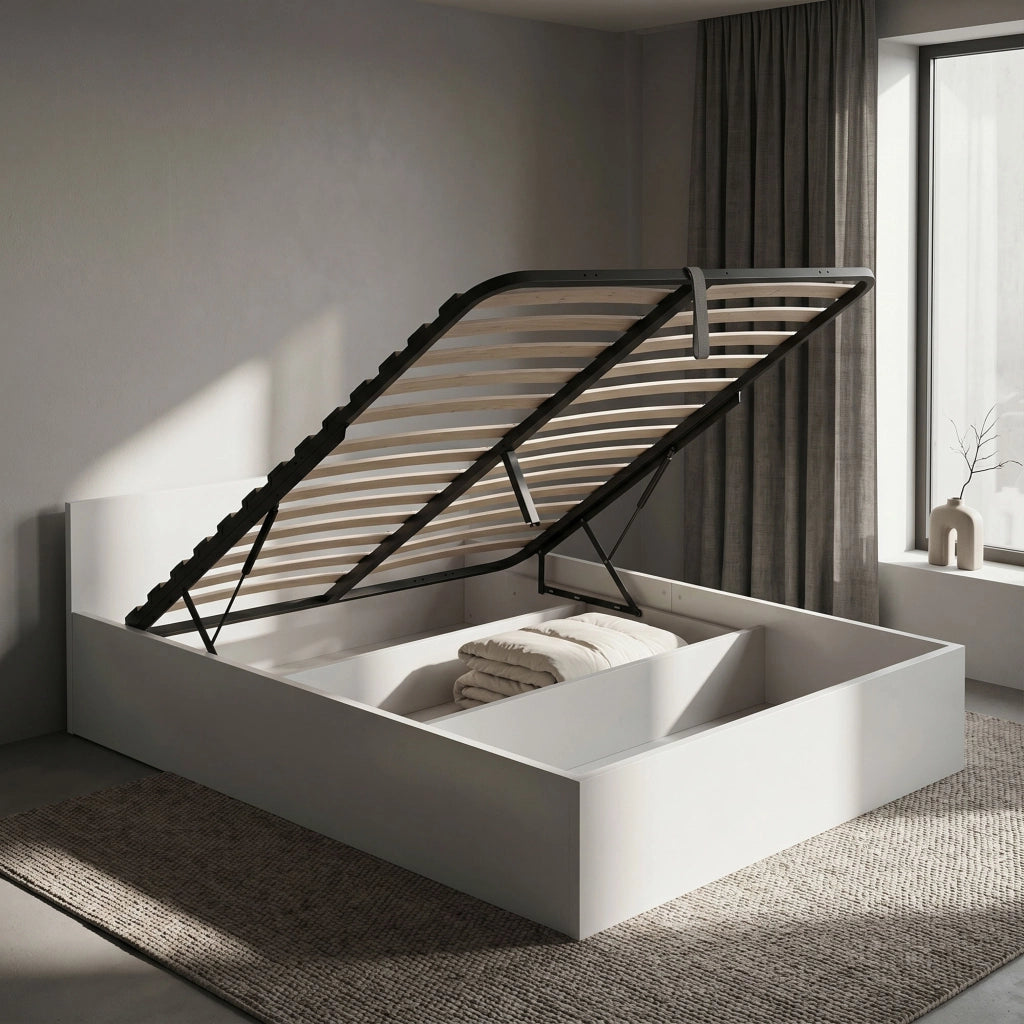 Letto con contenitore 140x200 cm rete sollevabile in metallo Bianco