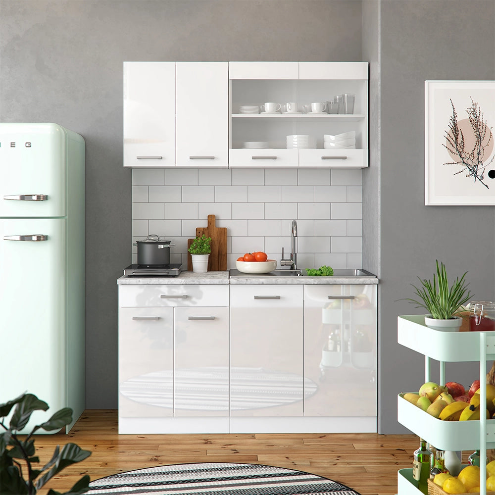 Mobile cucina sottotetto R-Line Bianco lucido/Bianco 140 cm Set di 2 Vicco