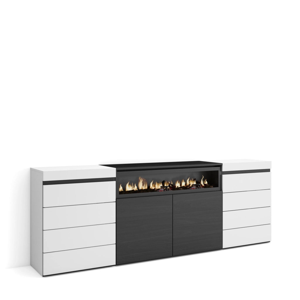 Cassettiera, 214x35x75cm, Camera da letto, Camino elettrico, Bianco e nero RF3425