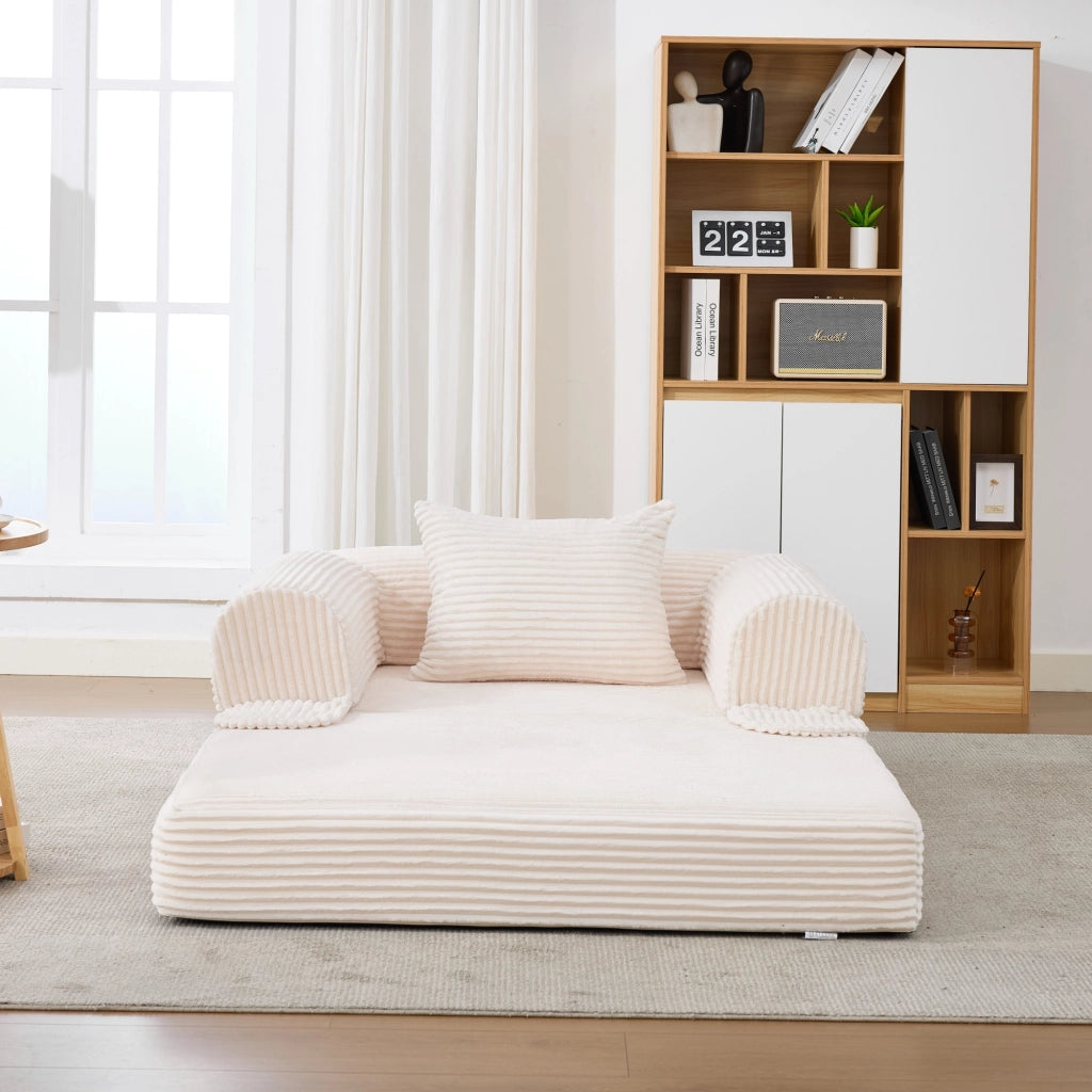 Divano letto convertibile 1 posto con cuscino, in tessuto corduroy, Beige