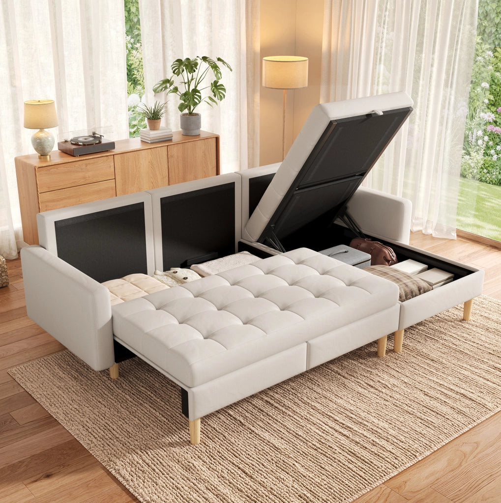 Divano angolare con vano contenitore 212×130×86 cm, chaise longue reversibile, beige