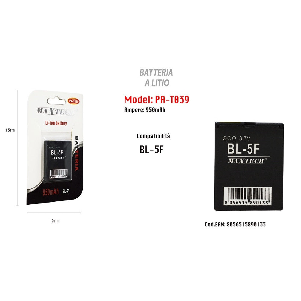 Trade Shop - Batteria Compatibile Con Modello Bl-5f 950mah A Litio 3.7v Smartphone Maxtech Pa-t039 -