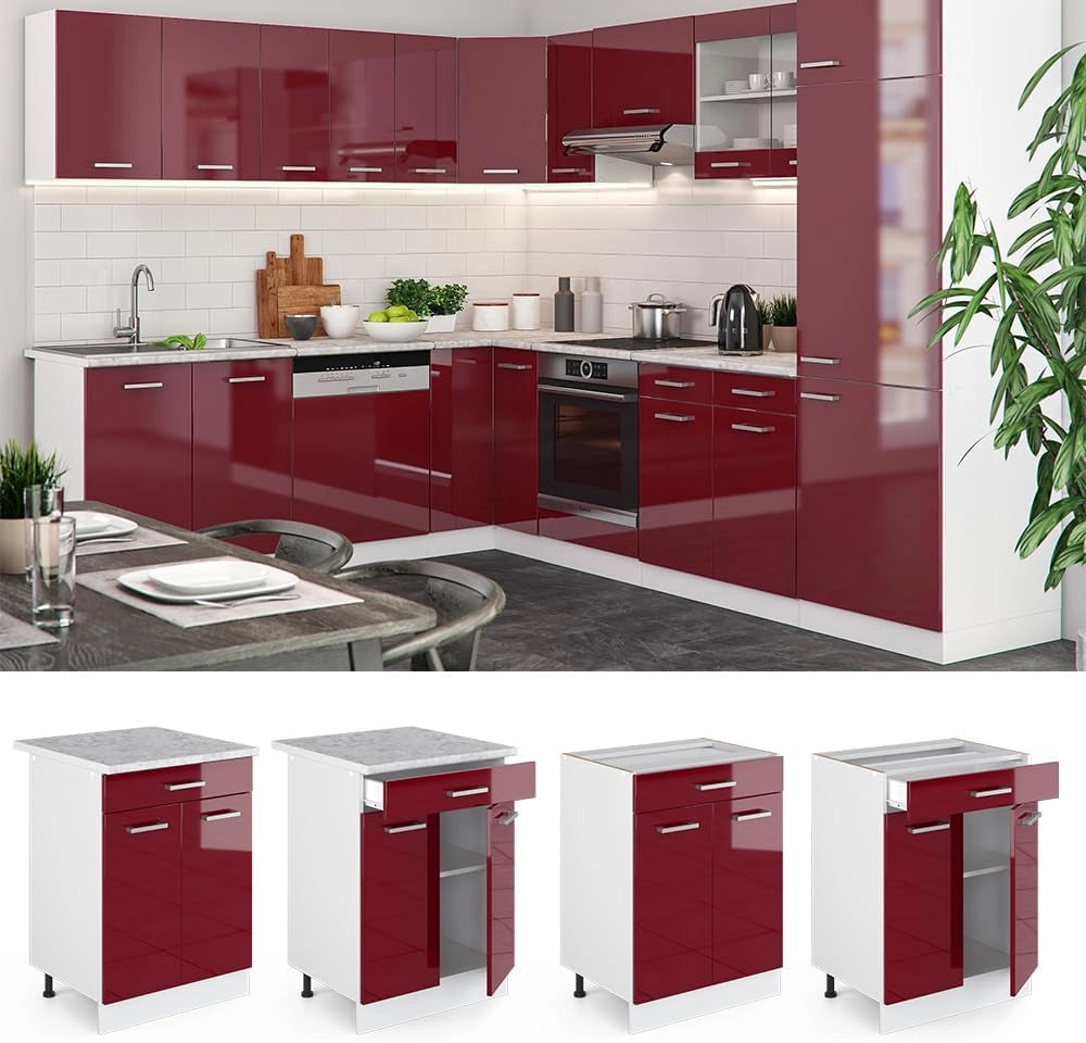 Mobiletto base per cucina R-Line, Rosso lucido, 60 cm con cassetto, senza piano di lavoro, per la libera combinazione all'interno di sistemi cucina modulari