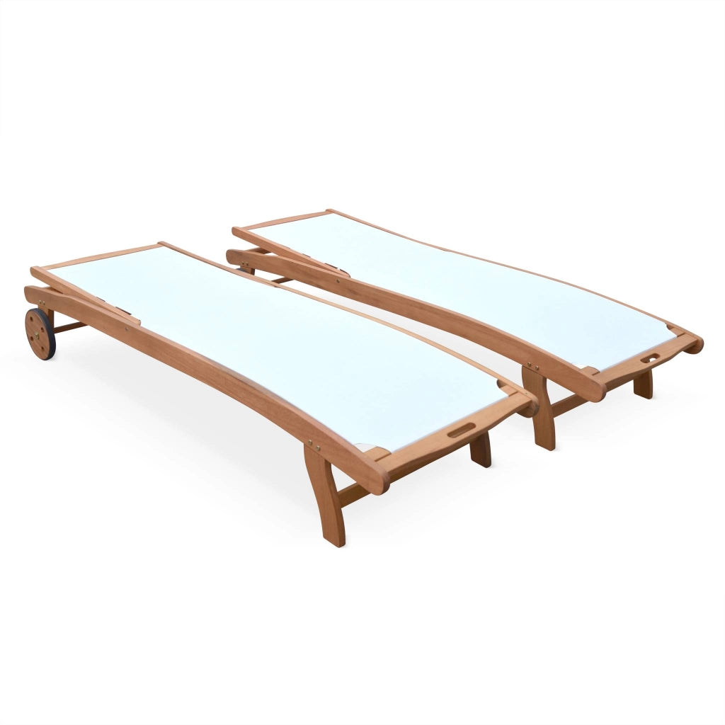Set 2 lettini prendisole in legno multiposizione con ruote, bianco