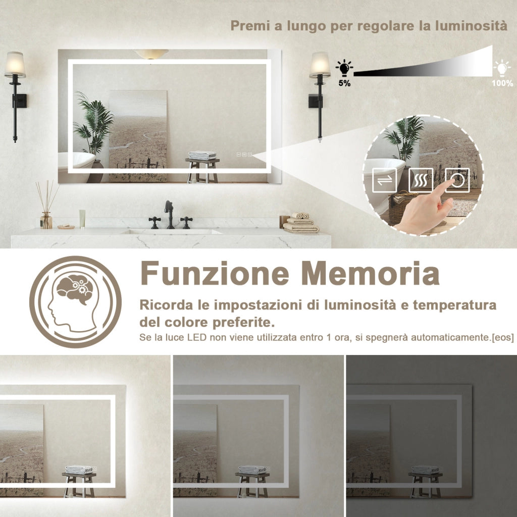 Specchio bagno Rettangolare 120x70cm Led Con 3 Luci + Iridescenza arcobaleno + Antiappannamento