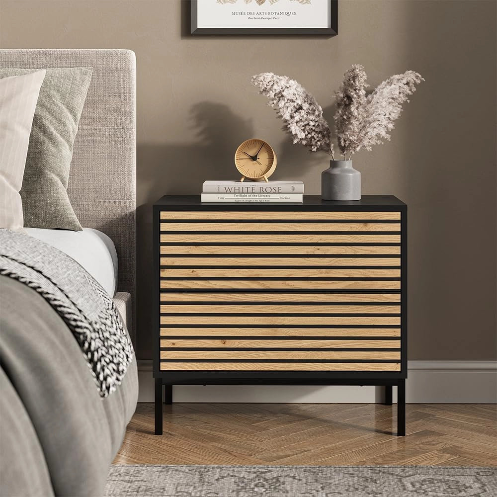 Comodino camera da letto Eliza, Nero/quercia, 66 x 60 cm con 2 cassetti