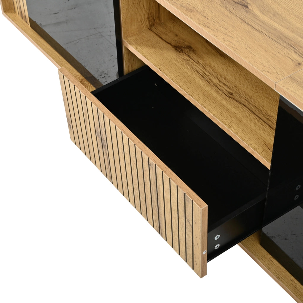 Mobile TV ULEVR 180x40x51 cm con LED Bluetooth, 2 ante e cassetto, nero e legno naturale