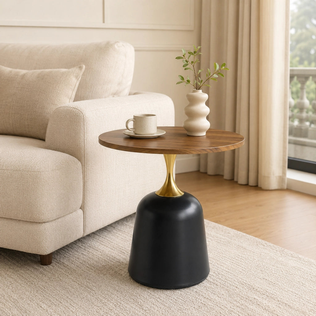 Tavolino rotondo con piano in melamina e base stabile; stile nordico; noce e nero; 70 × 69 × 40 cm