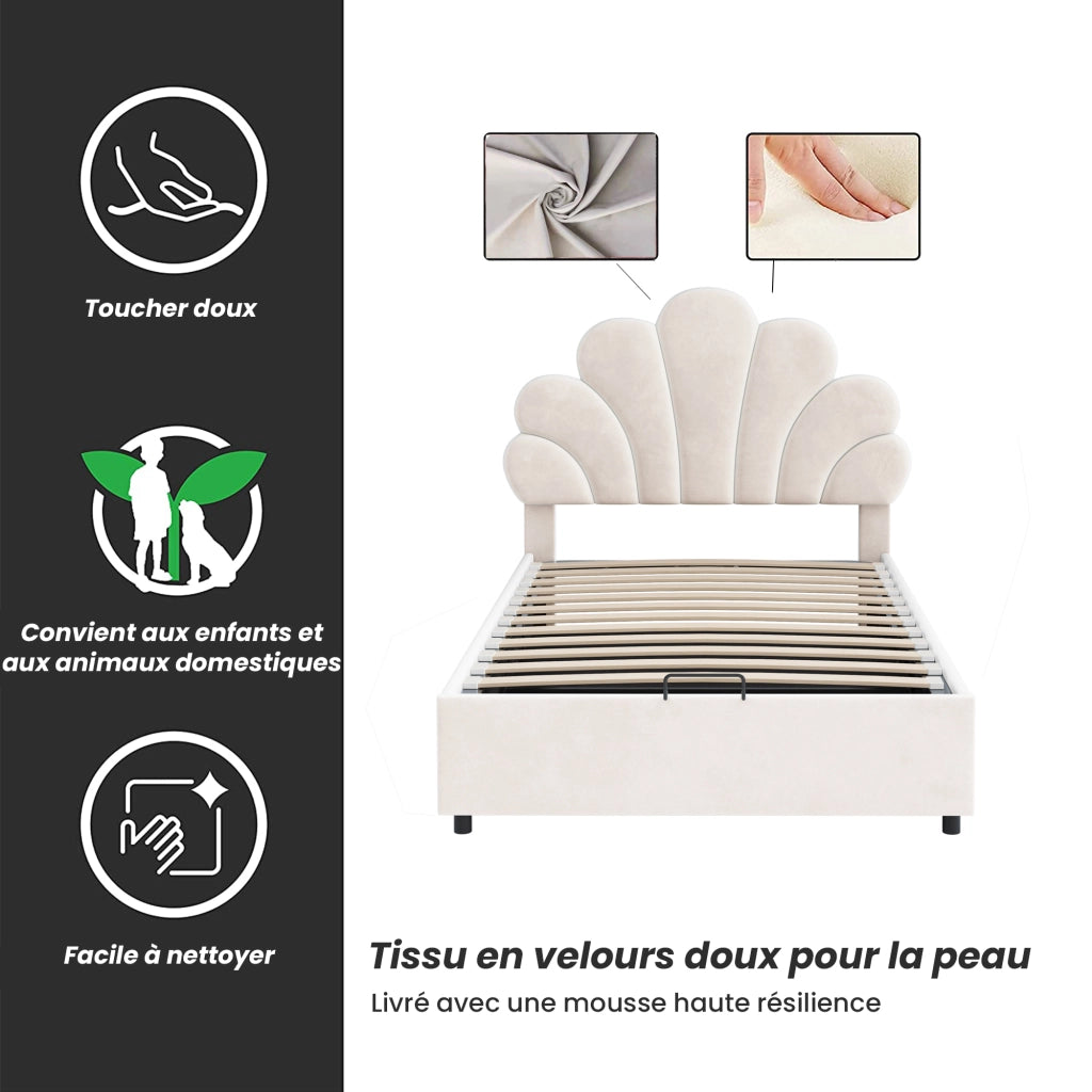 Letto Contenitore 90 x 200 cm; Letto Singolo con Testiera Regolabile e Vano Idraulico; senza Materasso; Beige