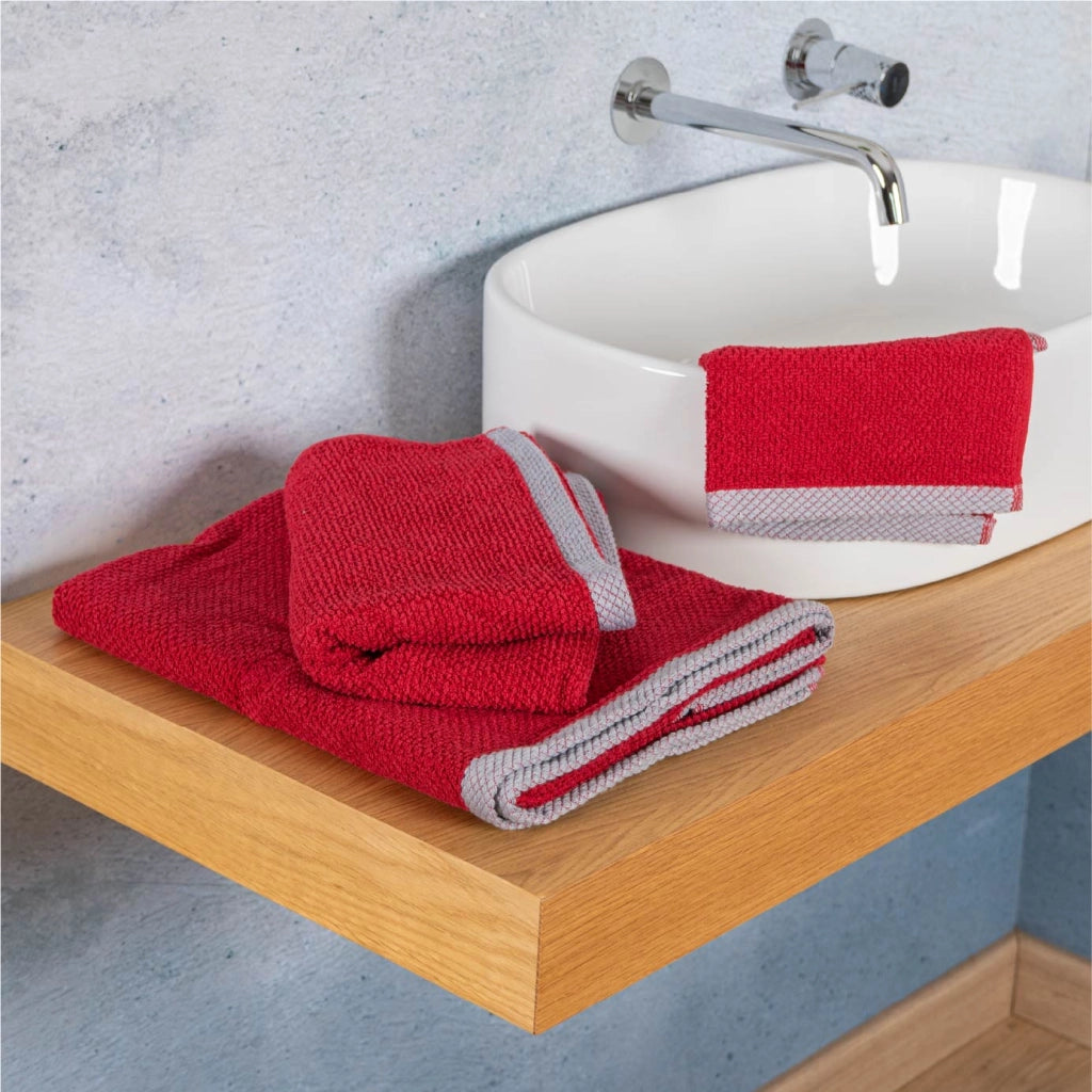 Set Asciugamani Bagno 3 Pezzi in Cotone 100% 430 GSM, Telo Doccia 70x140 cm, Asciugamano Viso 50x100 cm e Ospite 40x50 cm, Effetto Popcorn Morbido e Assorbente Ciliegia-Grigio