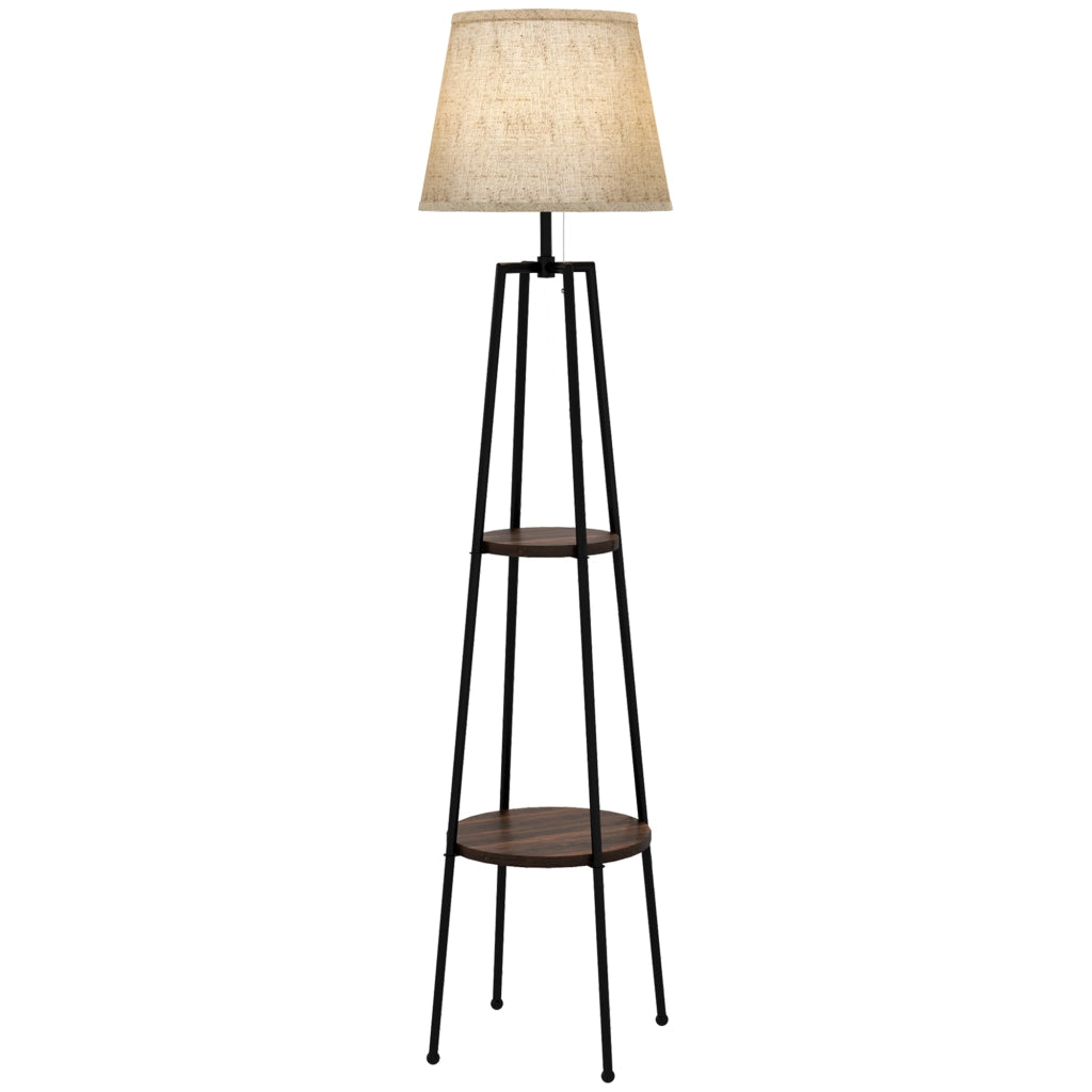 Lampada da Terra a 2 Ripiani in Metallo e MDF con Paralume in Tessuto, ?42x166 cm, Nero e Marrone