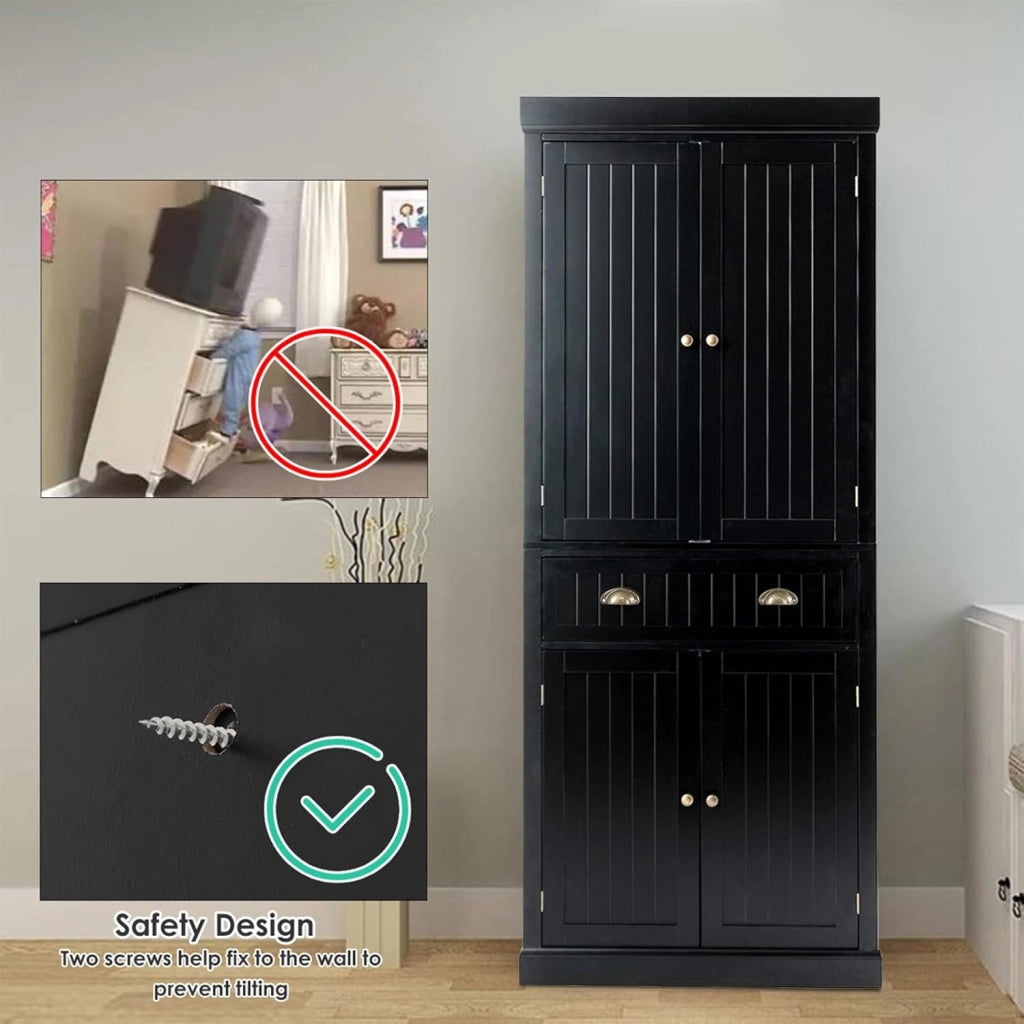 Armadietto portaoggetti multiuso con 1 cassetto e 4 ante, 76 x 40 x 183,5 cm, mobile alto per cucina, soggiorno e bagno, armadietto da bagno in legno (nero)