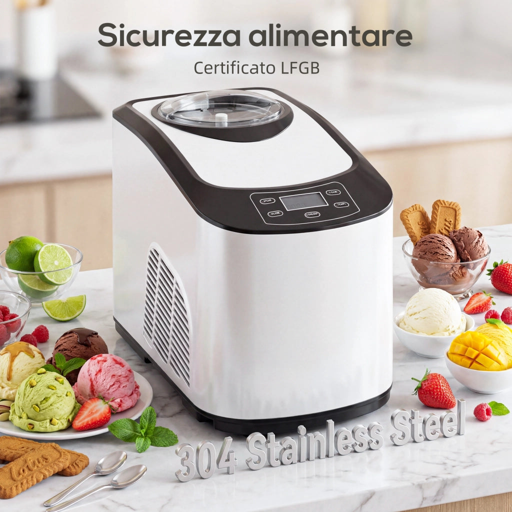 Gelatiera con Compressore Integrato 1,5L Modalità Morbida e Dura Funzione Auto-Mantenimento al Freddo Bianco