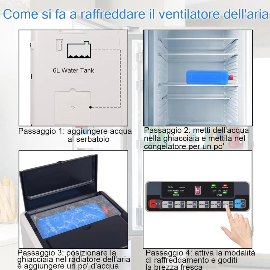 Condizionatore Climatizzatore Portatile Raffrescatore Evaporativo, con Telecomando, Funzione Raffreddatore e Umidificatore, Serbatoio Acqua 6L, 230V