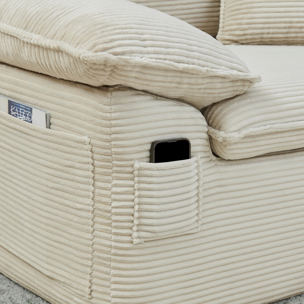 Divano modulare a due posti senza montaggio con tasche laterali e poggiapiedi in tessuto beige per soggiorno