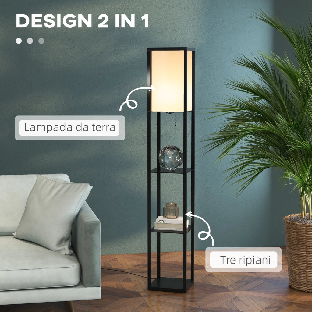 Lampada a Terra 40W con 3 Mensole Integrate e Interruttore a Tirante, Lampada Moderna in MDF e PS, 26x26x160 cm, Nero e Bianco
