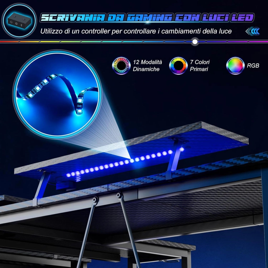 Scrivania Da Gaming Angolare 140x80 cm Supporto Doppio Monitor, Illuminazione LED, Ripiano Regolabile In Altezza, Finitura Effetto Carbonio, Scrivania PC Gamer Con Scaffali Laterali, Nero