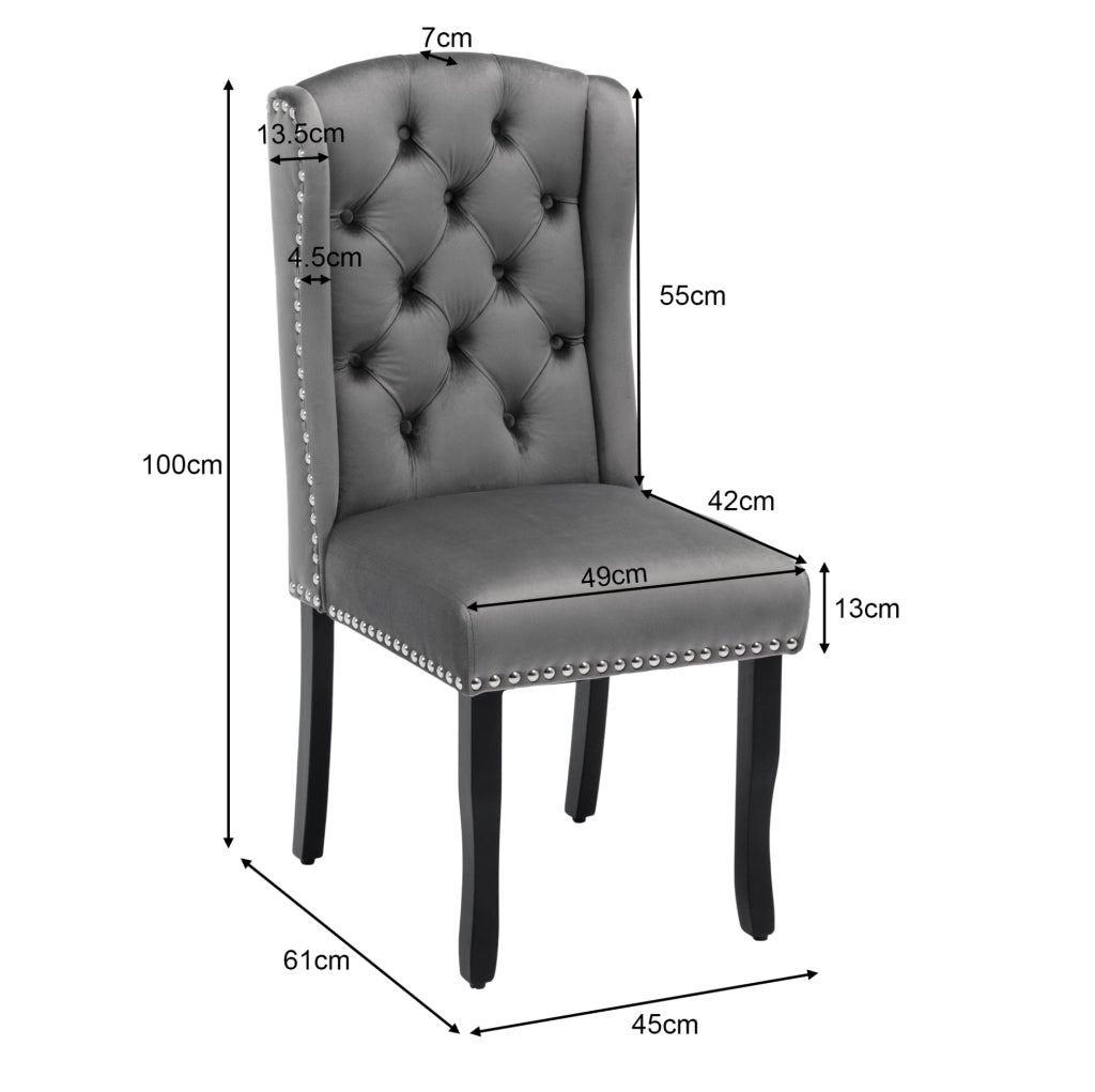 Sedie da pranzo moderne in velluto grigio; set 2 pezzi; gambe in rovere; schienale curvo