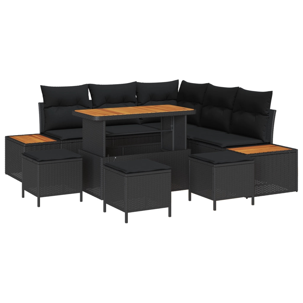 Set Divano Giardino 9 Pezzi con Cuscini Nero Rattan Poliacacia