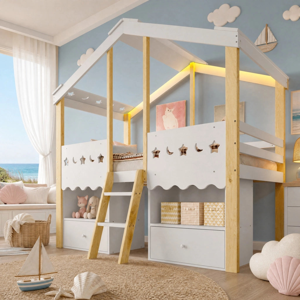 Letto semialto in forma di casa con LED e cassetti, 90 x 200 cm