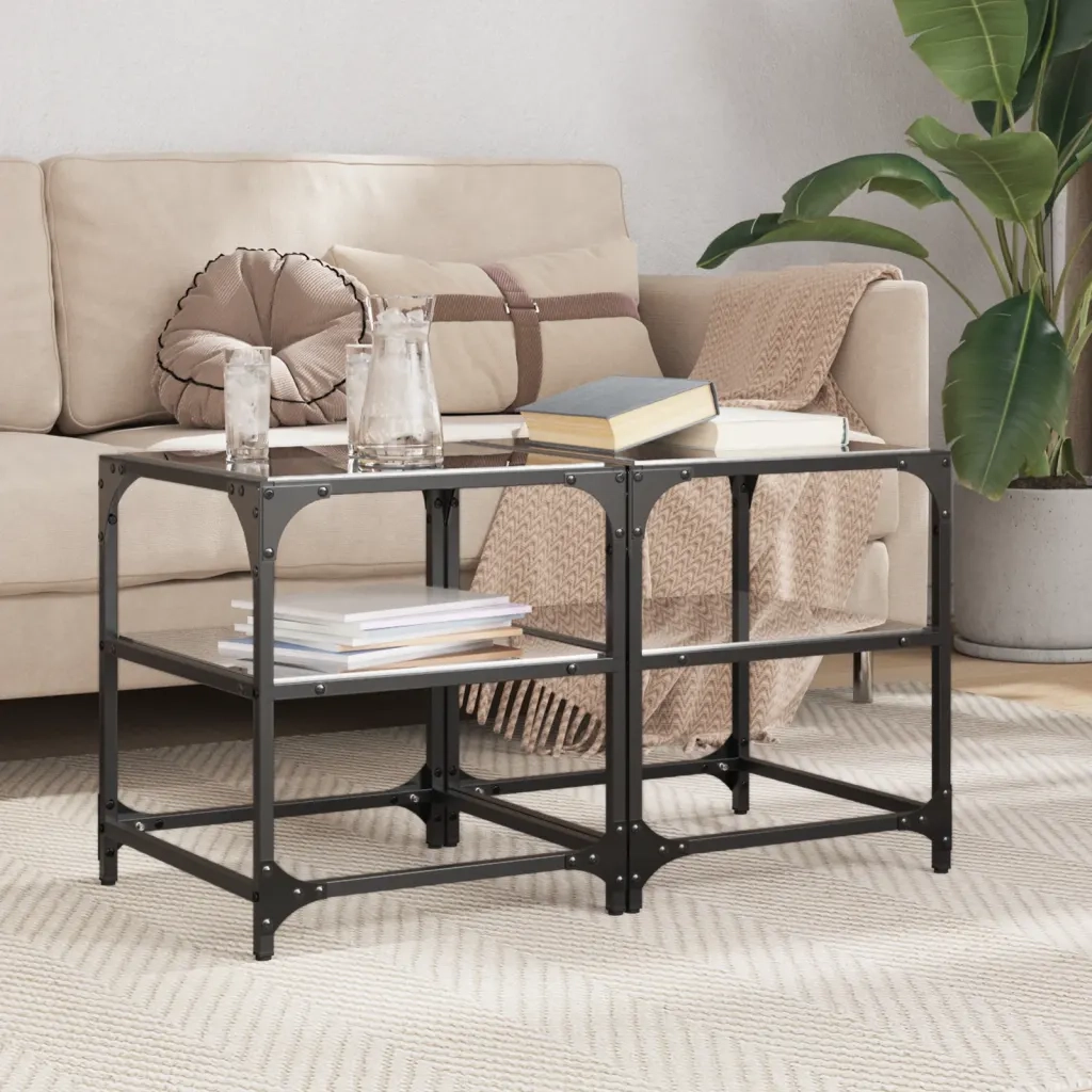 2 pz Tavolini da salotto | Tavolino da caff¨¨ | Tavolino da Soggiorno con Piano Vetro Nero 40x40x45cm Acciaio